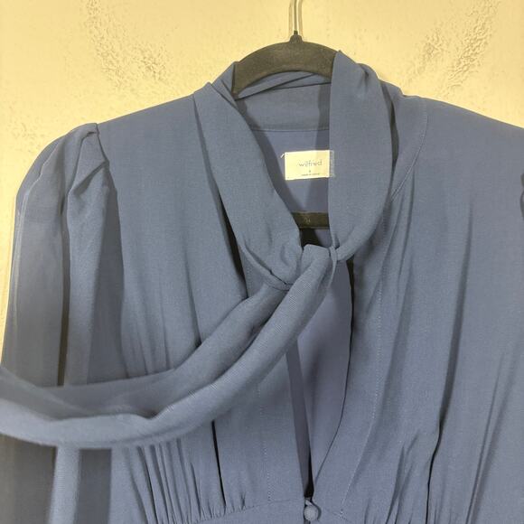 Wilfred 6 Mambo Chiffon Maxi Dress Navy Necktie Button Down Puff Long Sleeves - Picture 5 of 11